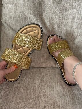 Gold Glitter Double-Strap Slide Sandals - Women's